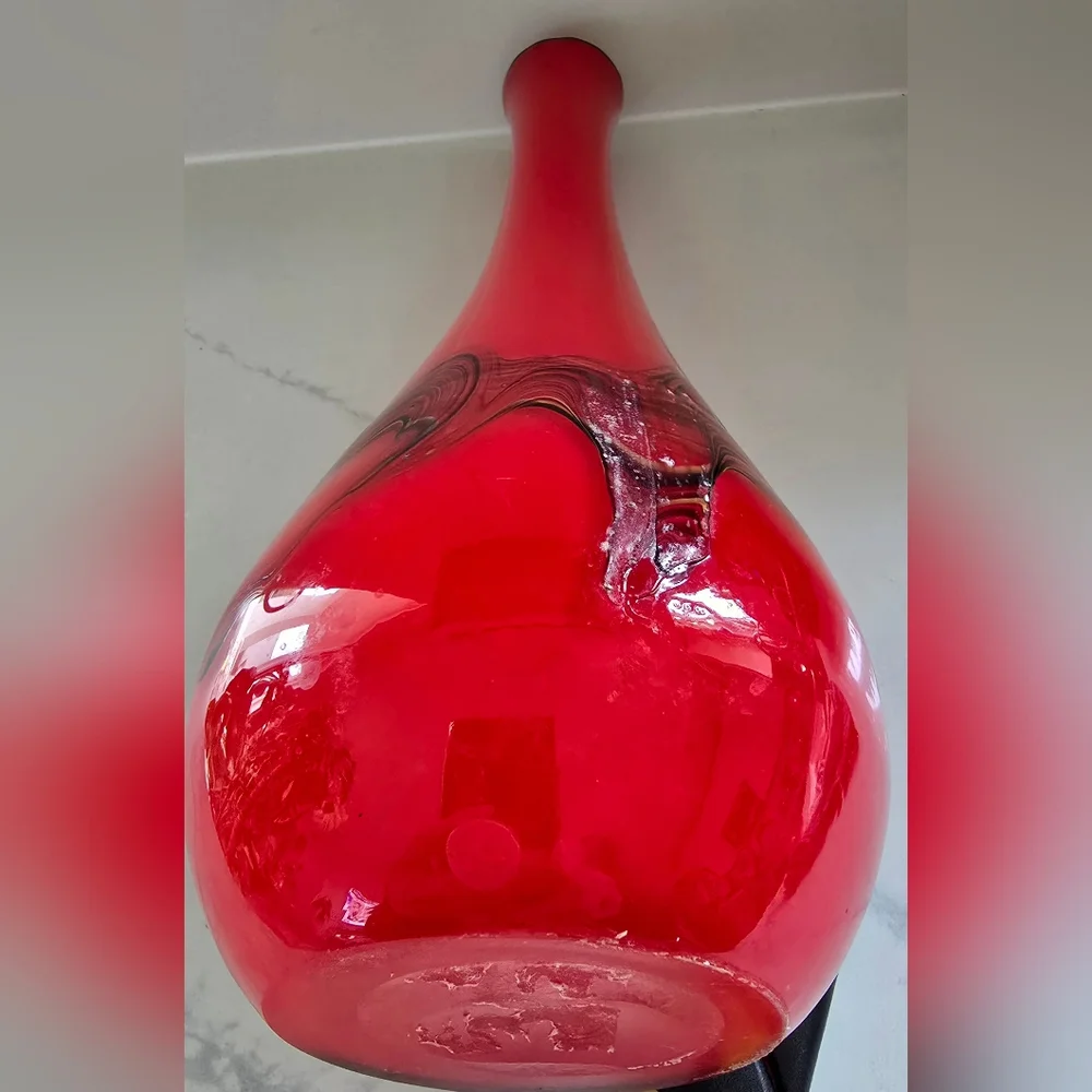 Vintage Hand Blown Red w/ Blue Yellow White Streaks Art Glass Vase 14.5 In. ‎ #2